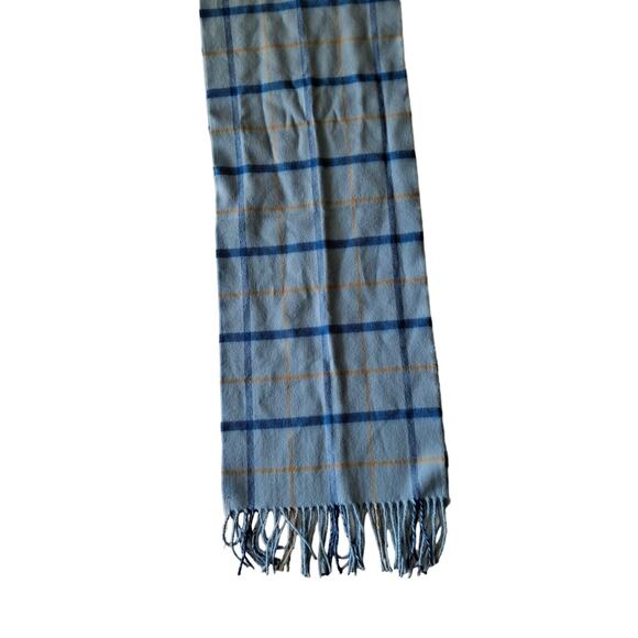 100% Cashmere Made in Scotland Blue & Yellow Plaid Rectangular Scarf w Fringes - Picture 2 of 6